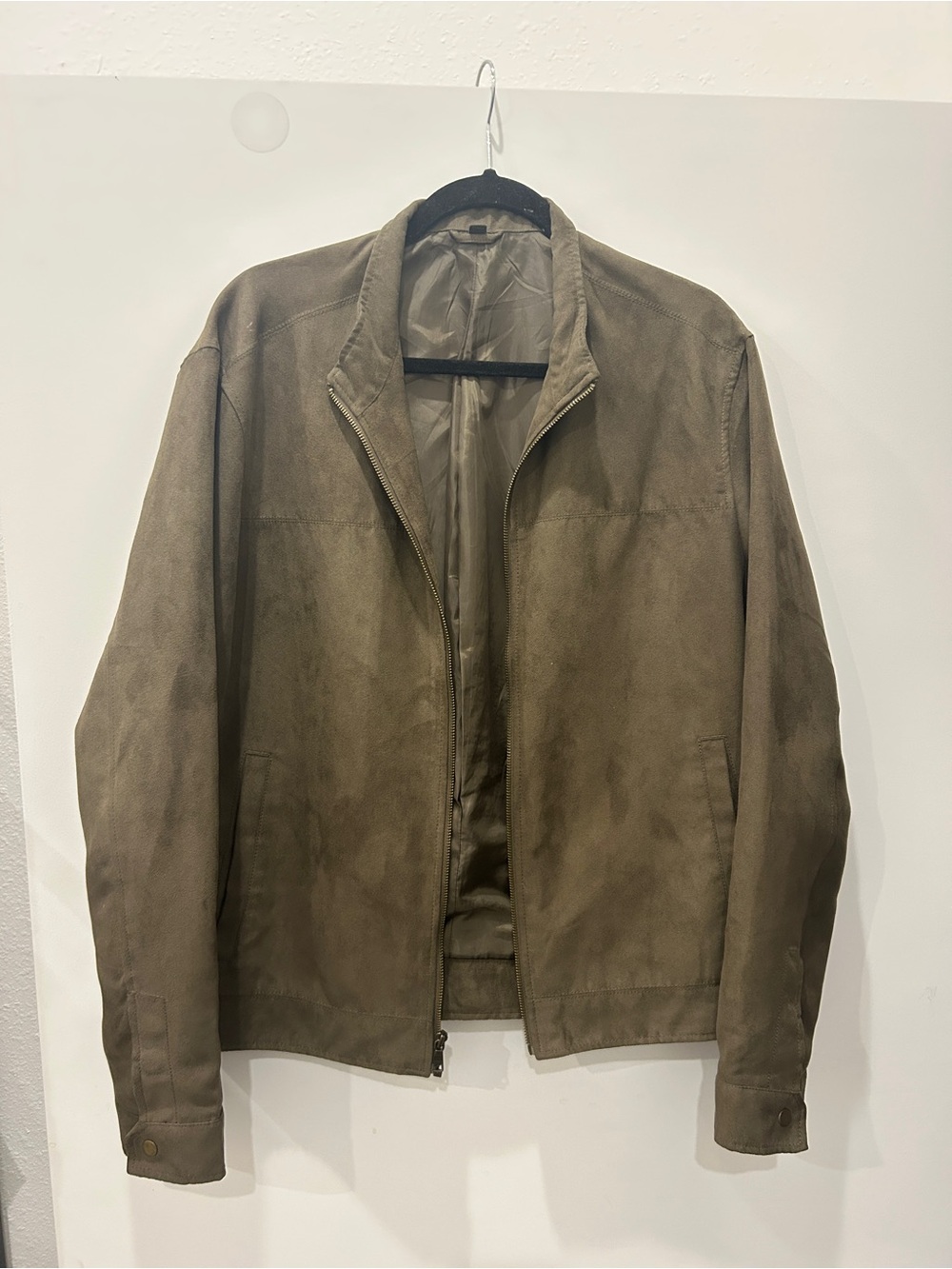 Men's Suede Bomber Jacket - Taupe/Olive Green